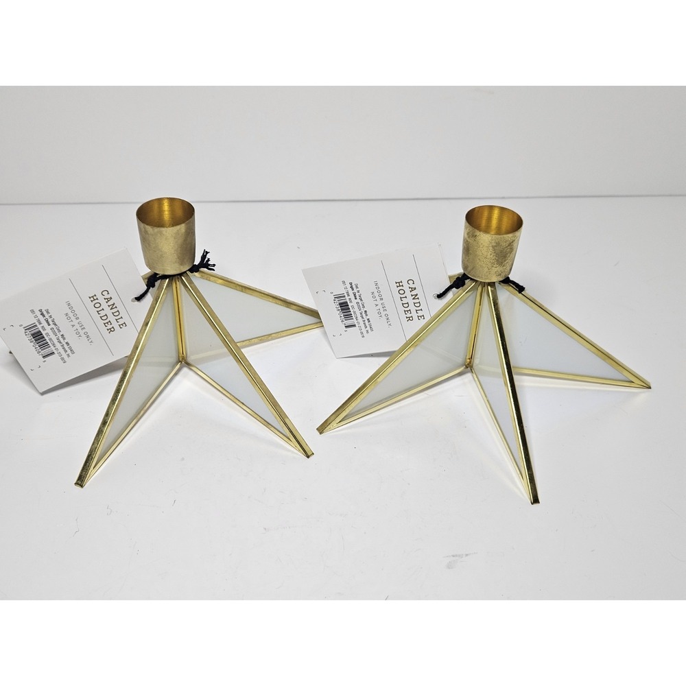 Set of 2 Target Star Taper Candle Holders Gold Brass Leaded Glass Christmas NWT - Picture 2 of 7